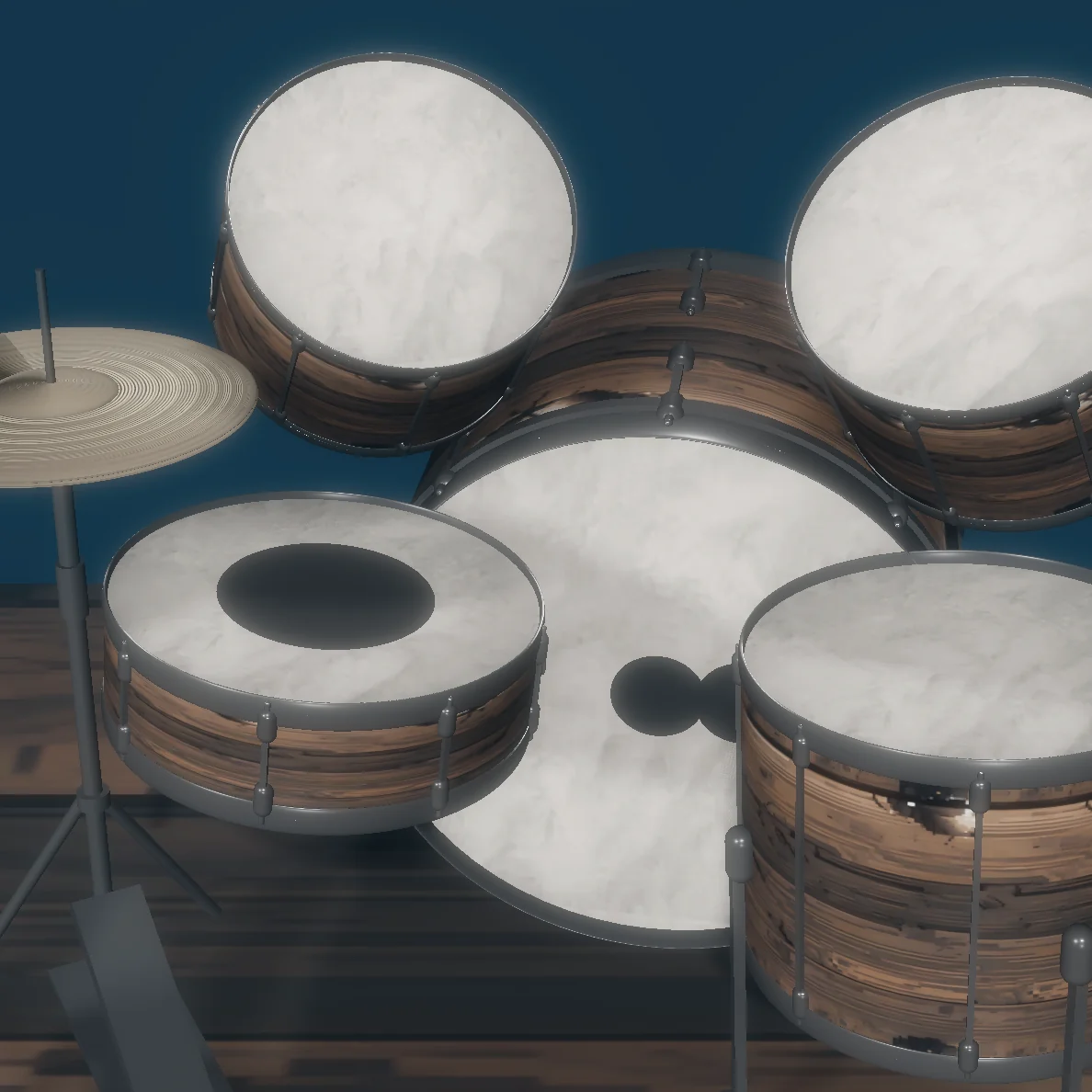 Illustration of Ghostnote's drum kit, with bright white drumheads and copper-colored shells.